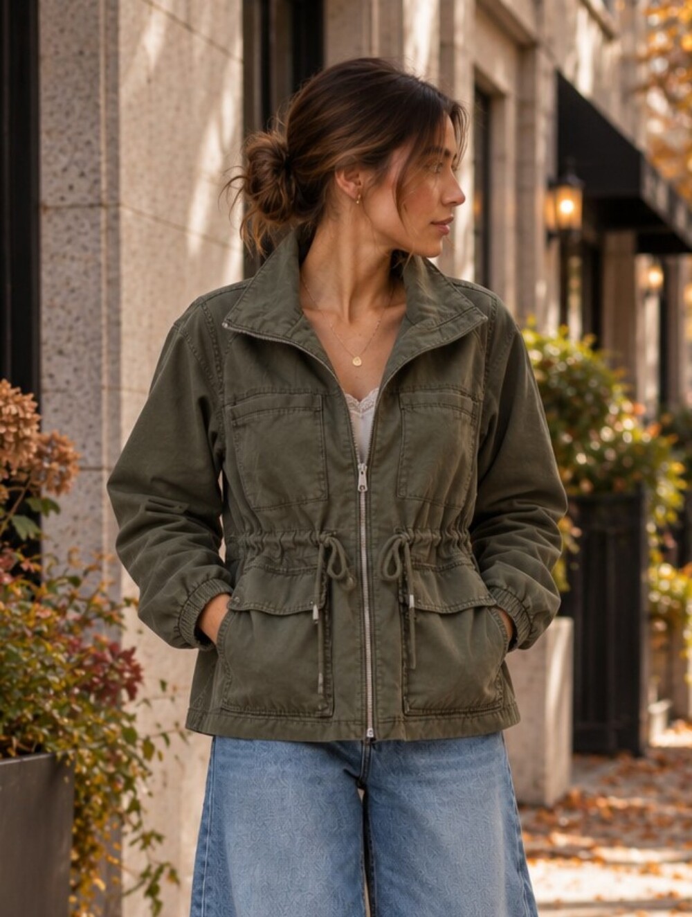 Olive Green Utility Military Jacket 100% Cotton Gorpcore S Drawstring Waist